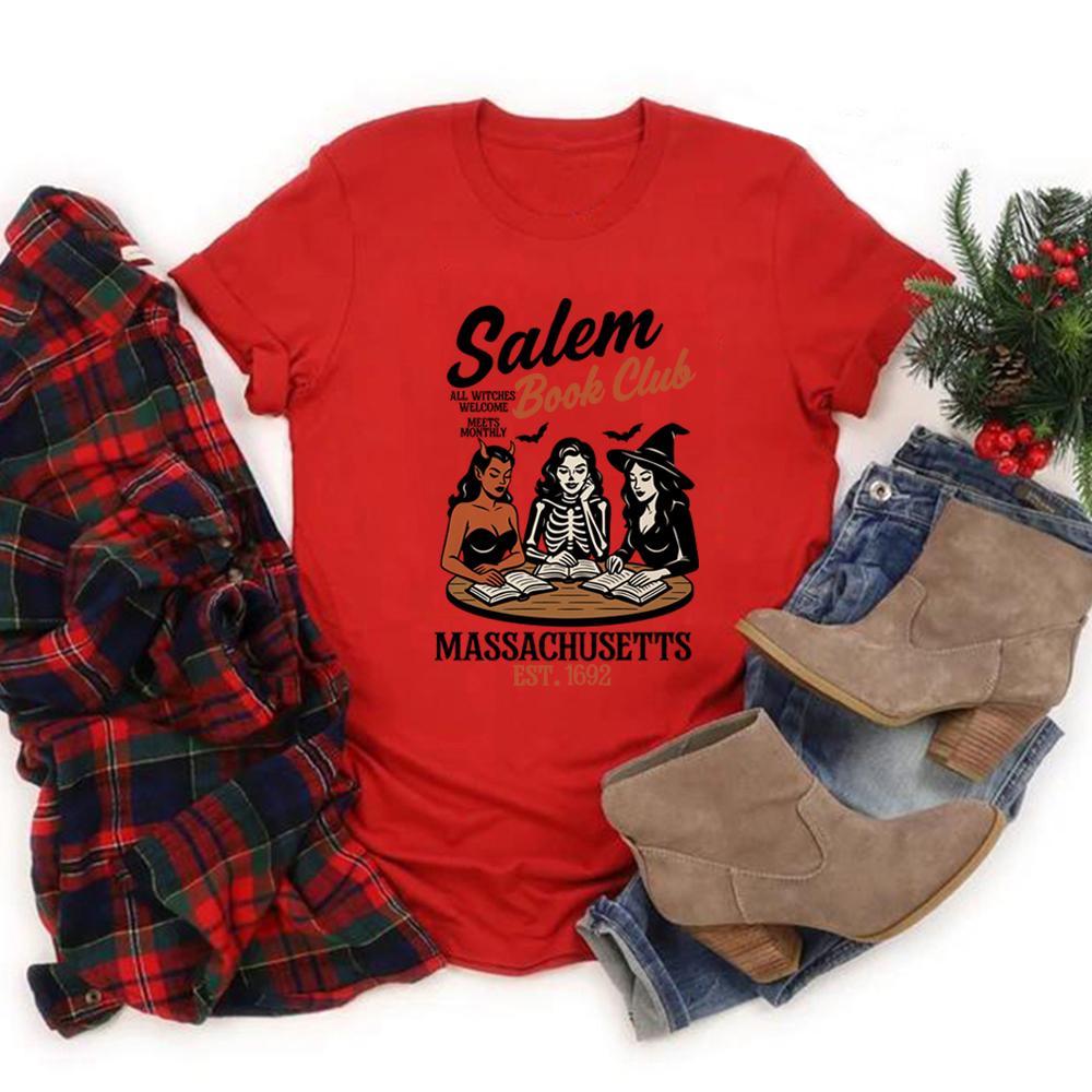 Witchy Book Club T-Shirt Spooky Girl Reading Tshirt Book Lover Halloween T-shirt Casual Women Graphic T Shirts Witches Salem Tee