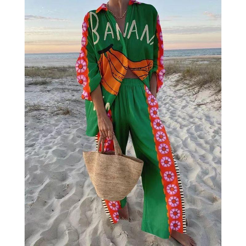 

European and American Summer Holiday Style Print Shirts Pants Two-Piece Suit Printed Shirt and Pants Set Green S