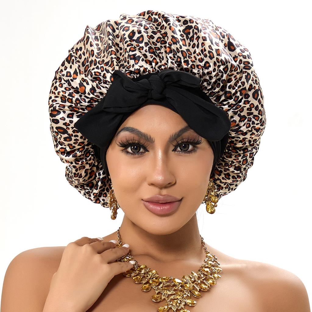 Double Layer Satin Streamer Round Hat Bowknot Imitation Silk Beauty Hair Care Wide Brim Hat Women Headscarf Sleep Cap