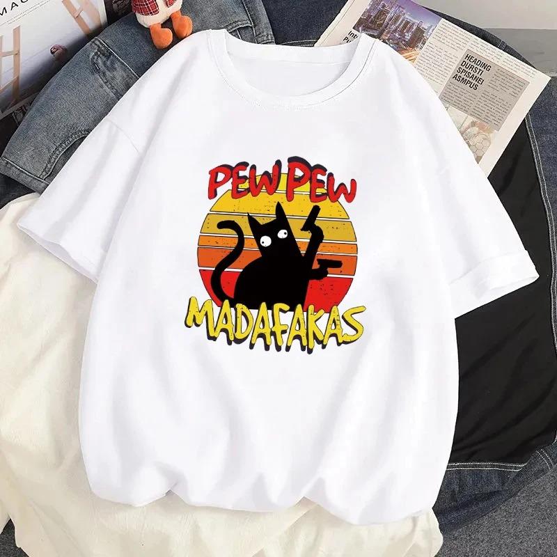 Fun Retro Pew Madafakas Cat Printed Cotton T-shirt for Women's Casual O-neck T-shirt for Summer Street Wear Harajuku T-shirt Top
