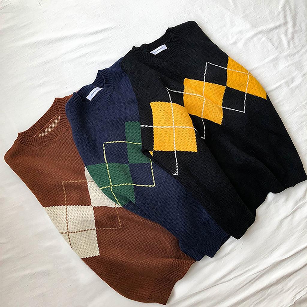 Herbst Winter Innenhof Stil Geometrisches Muster Lose Rundhals Strick Pullover