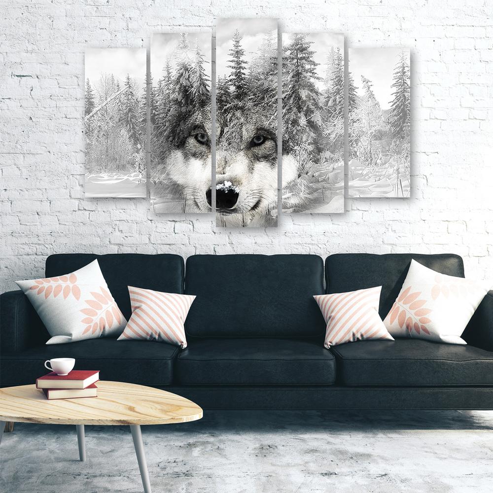 Femdelad bild canvasprint Varg Skog Natur Grå