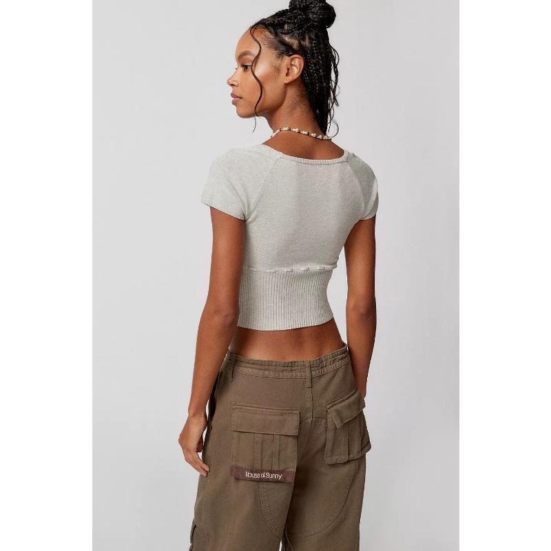 Women's Spice Girl Temperament Square Neck Short Sleeve Knit Short Sexy Lace Up Neckless Knit Top