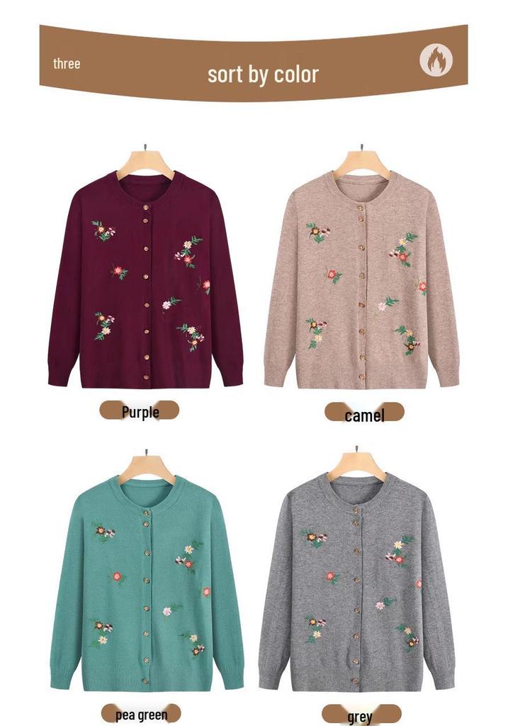 Grandma's Embroidered Knitted Cardigan for Middle-Aged and Elderly Ladies - Spring/Autumn Sweater Jacket for Women.