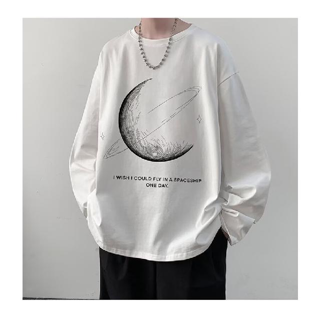 2024 Men's Long-Sleeved T-shirt Autumn Undershirt Long Sleeve Cotton Autumn Hong Kong Style Printing Loose Trendy Top