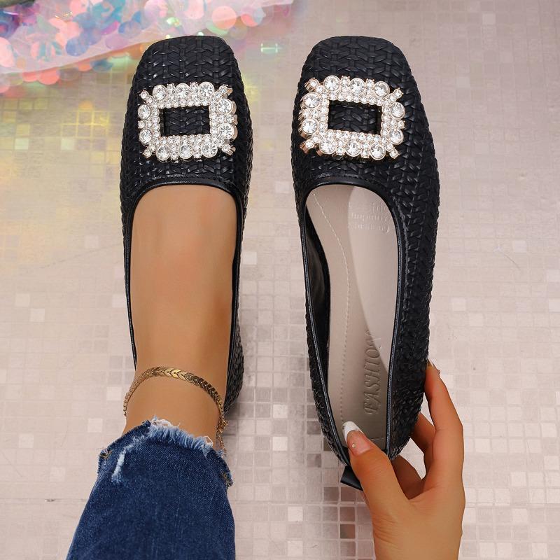 Gentle flat shoes spring new shallow mouth rhinestone square head temperament single shoes women