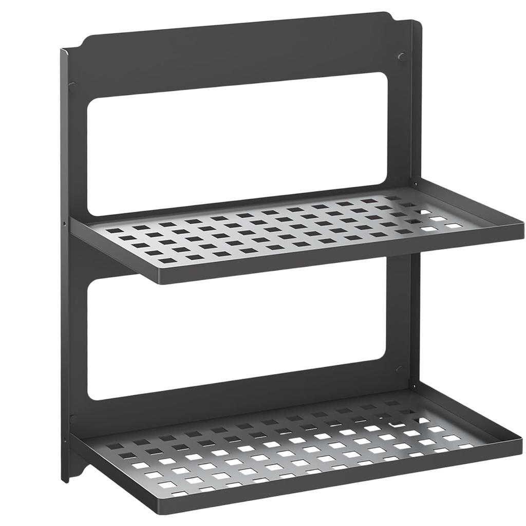 2-Tier Black Iron Floating Shelf Wall-Mounted Metal Shower Rack Foldable Stackable Anti-Drop Baffle for Bathroom Laundry Toilet