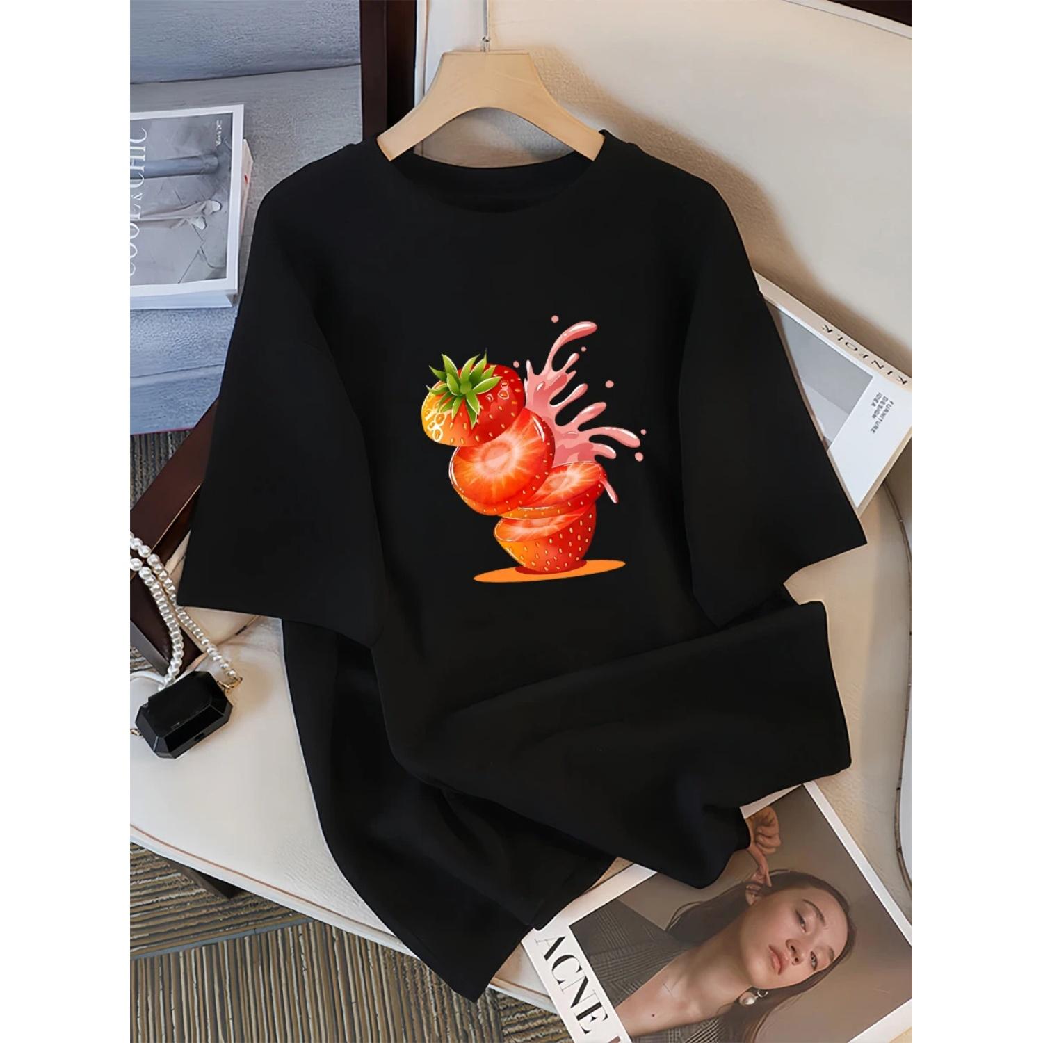 

Creative Strawberry Juice Design T-Shirt Women Cotton Street Summer Tee Shirts Soft Cool Clothing Loose Casual Short Sleeve XXXXXL чорний