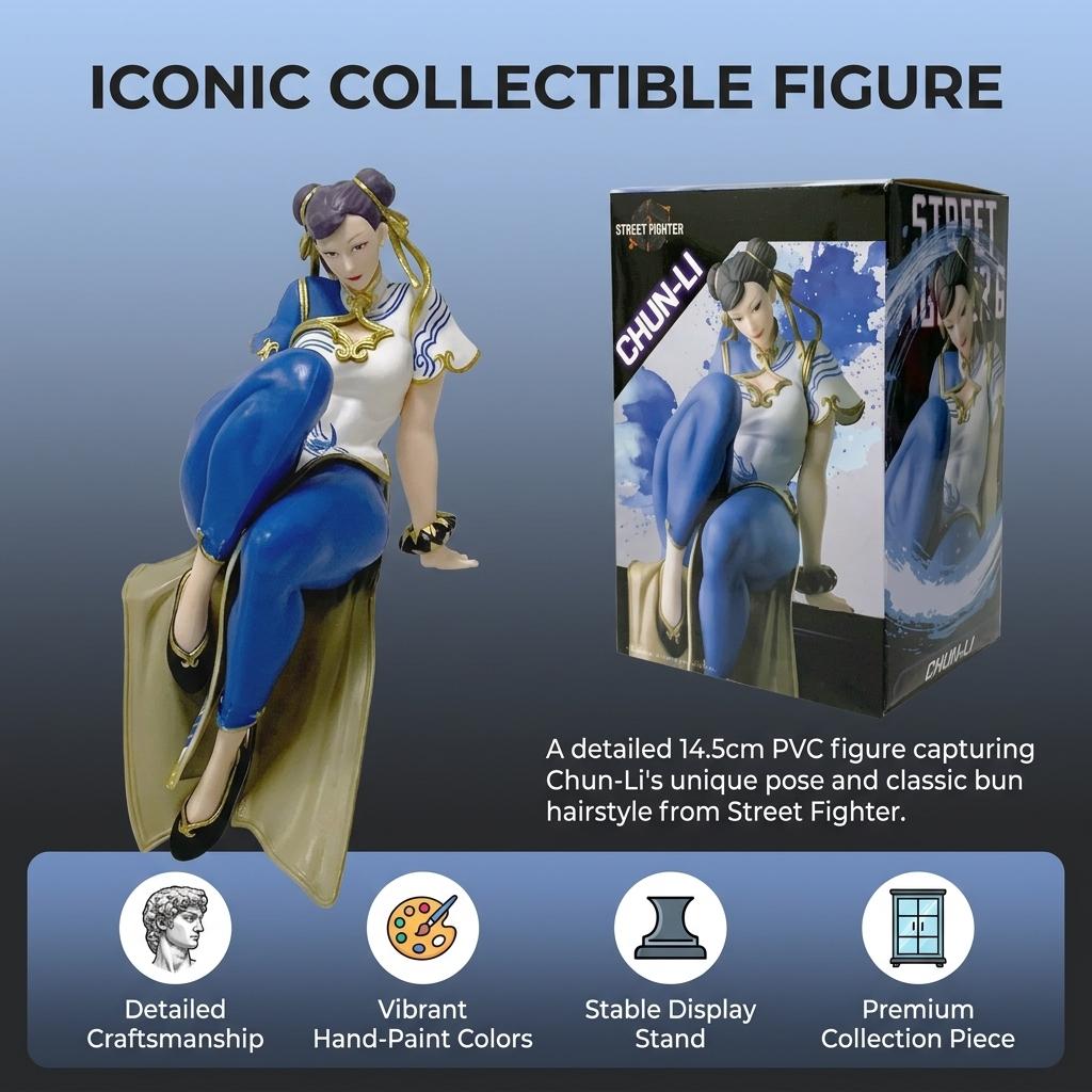 Street Fighter Chun Li PVC Statue with Classic Bun Hair Style and Sitting Pose for Gaming Room Decoration