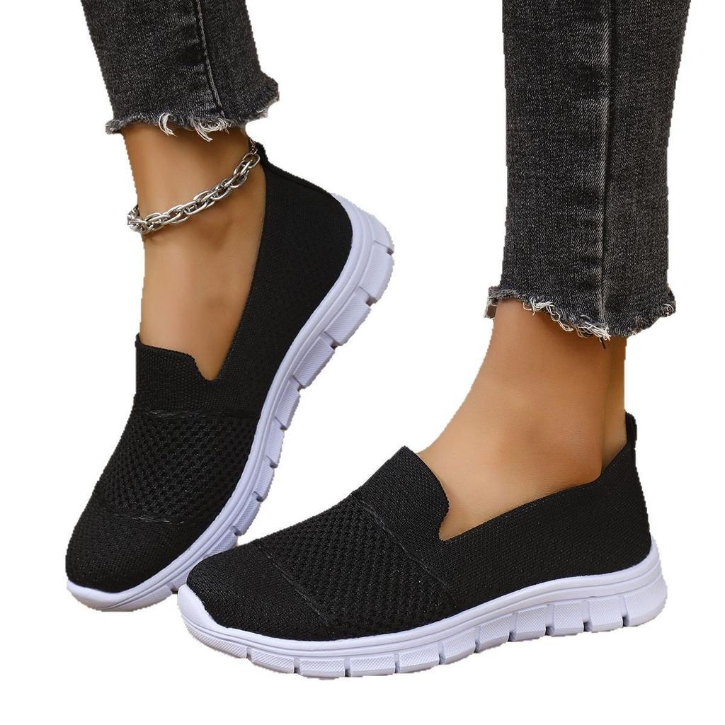 Large Size Mesh Breathable Flat Bottom Solid Color Casual Fly-Woven Single Shoes Women'S 25 Round Head One-Pedal Shoes
