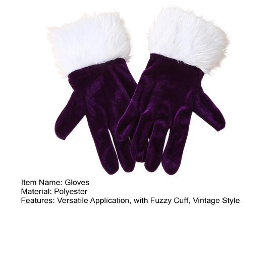 Short Retro Velvet Gloves Women Opera Gloves with Fuzzy White Cuffs Wrist Length Finger Gloves for Christmas Costume Wedding Tea Party Banquet Dance