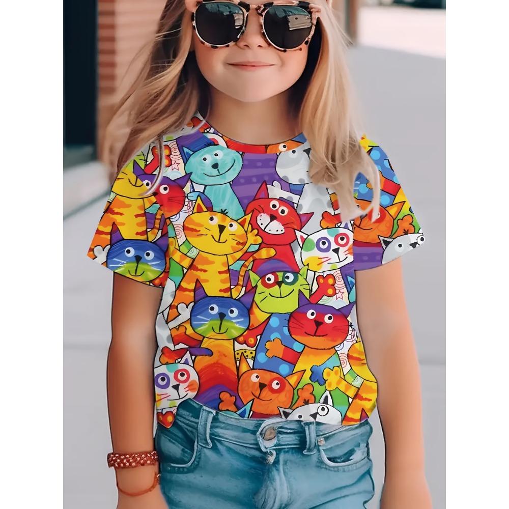 Colorful Cat Girl's T-Shirt Cute Patterns Summer Short Sleeves 3D Print Girl's Top Fashion Casual Streetwear Children's Clothing