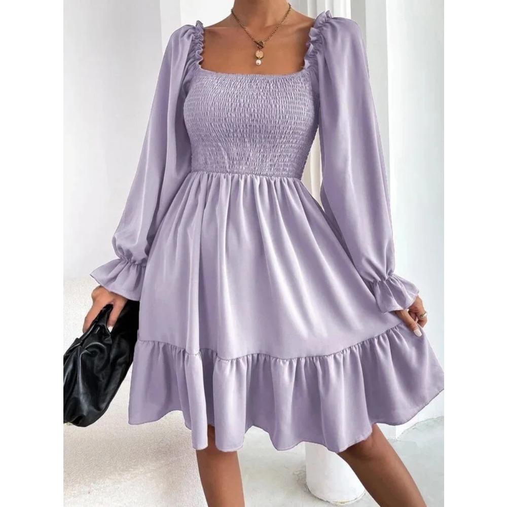 European and American French Simple Square Collar Parallel Crepe Sewing Body Ruffled Hem Dress