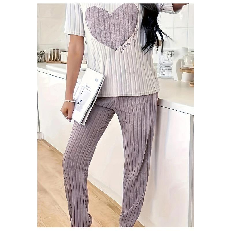 TIFICY Women's Fashion Spring Summer Love Letter Print Short Sleeve O‑Neck Casual Pajama Set