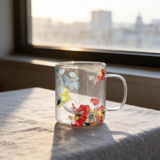 Double Wall Glass Coffee Mug with Handle Colorful Petal Design Tumbler Creative Insulated Cup for Hot