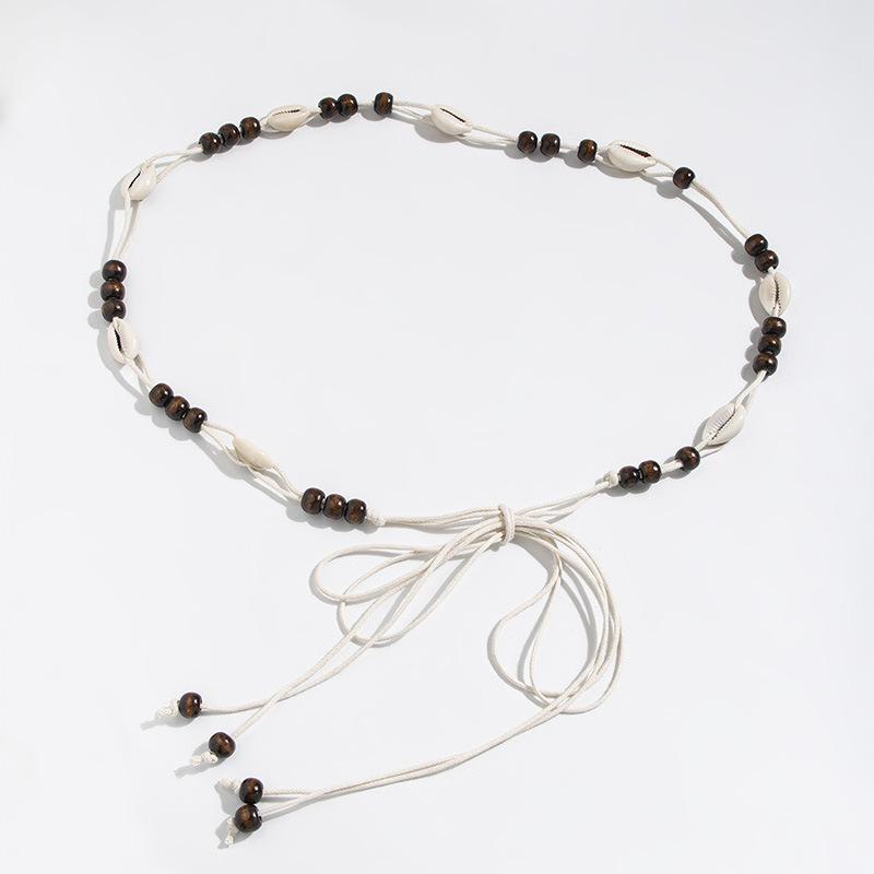 Bohemian Belt Ethnic Style Belt Shell Belt Wooden Beads Women's Thin Belt Leisure Vacation Style Waist Rope
