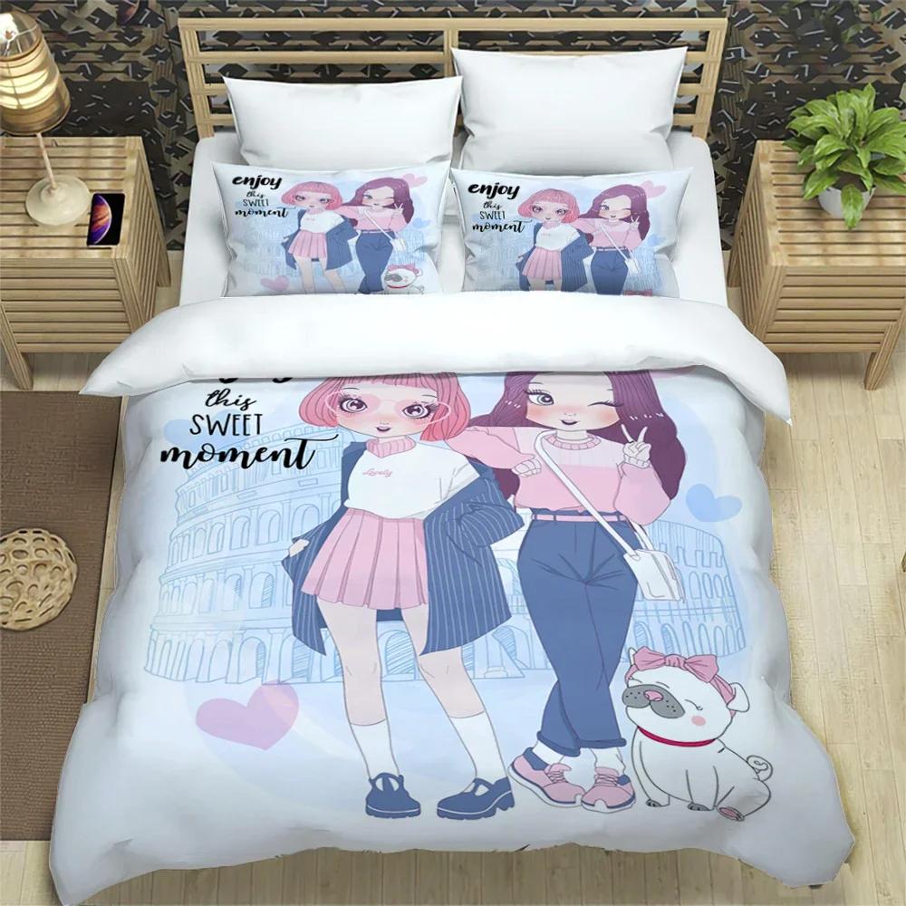 Cartoon Girl Art Print Xxl Three Piece Bedding Set  Article Children Or Adults For Beds Quilt Covers Pillowcases Bedding Set
