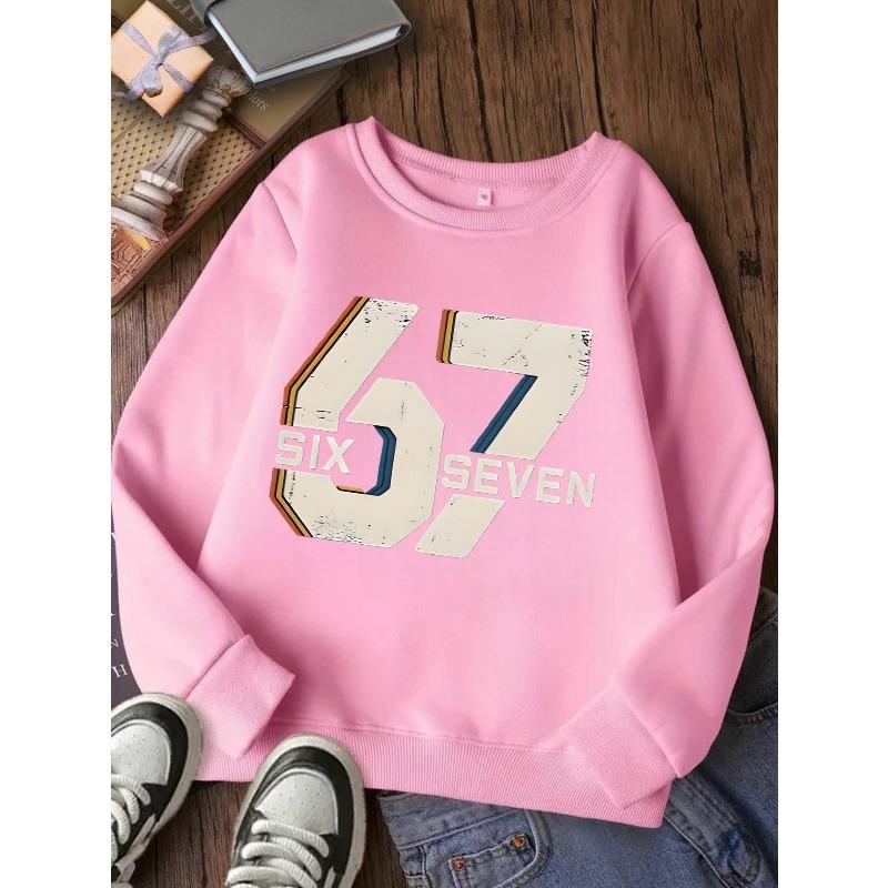 Kids Over 4 Years Old Retro Distressed SIX SEVEN Number 67 Print Sweatshirt Unisex Boys Girls Vintage Stripe Crewneck Long Sleeve For 4-12Y Children