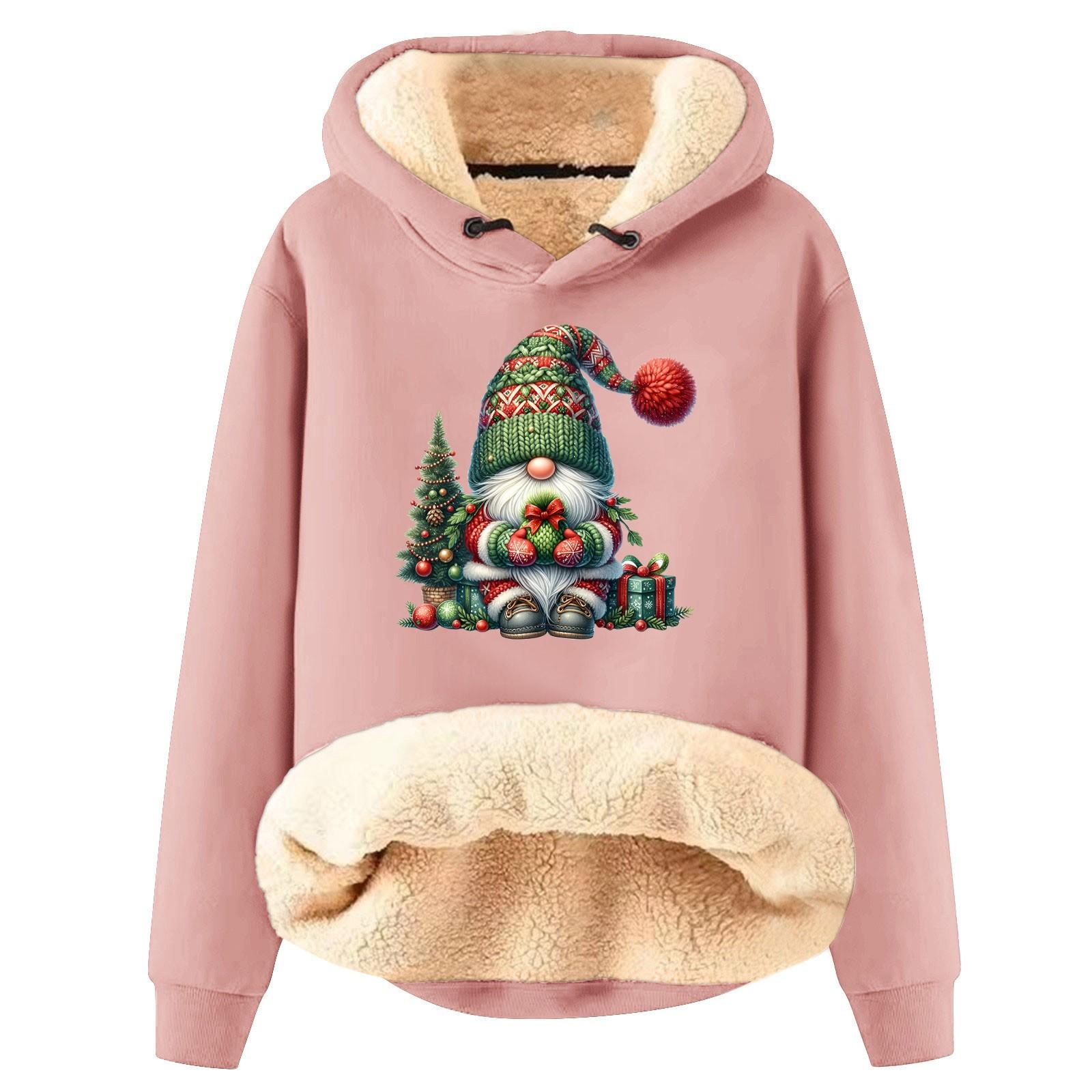 

Жіночий модний вільний пуловер з капюшоном і потовщеним різдвяним принтом XL рожевий