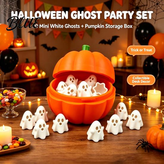 Pumpkin Storage Box Halloween with 20 Mini Ghosts for Candy & Party Favors Treat Container Lid Trick or Treat Holiday Table Centerpiece