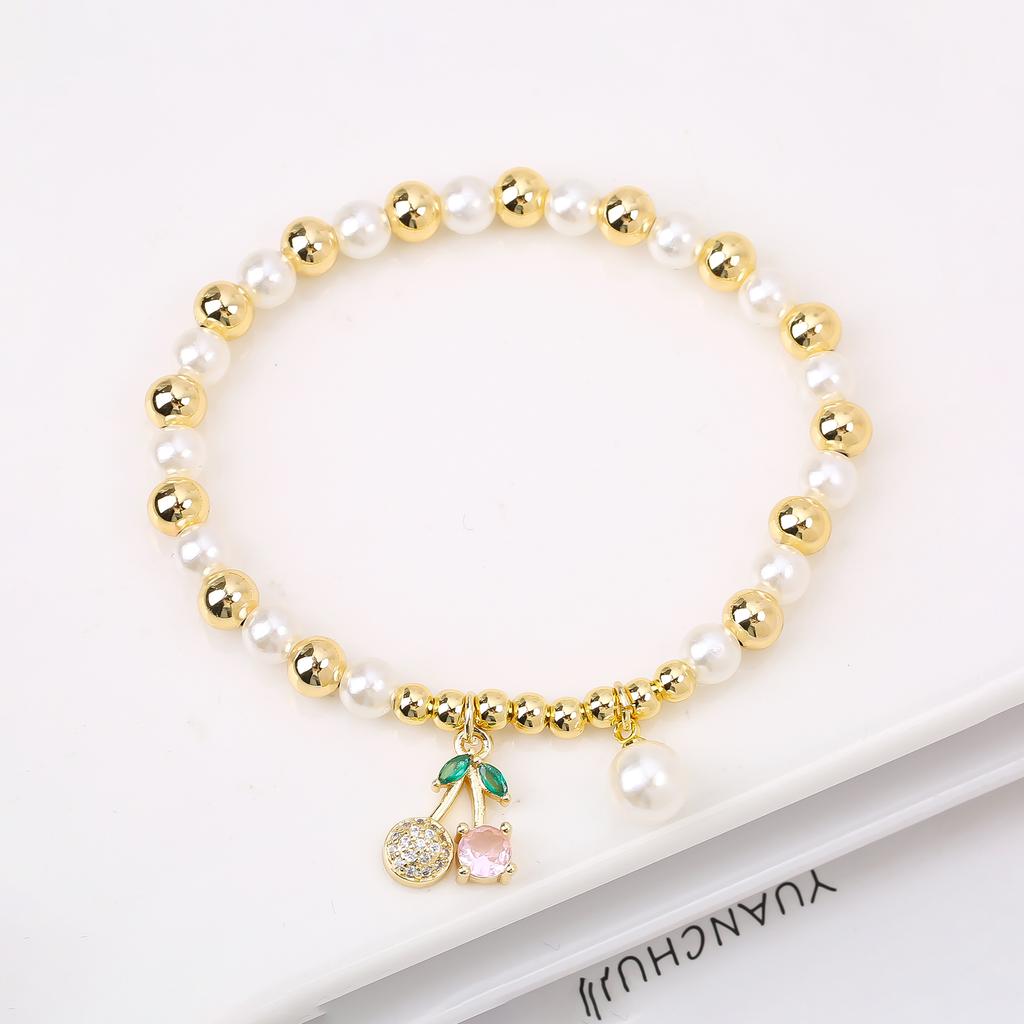 Nouveau Mode Cerise Fraise Cristal Zircone Pendentif Bracelet Élastique Luxe pour Femme Fille Perle Bijoux de Poignet Cadeau de Fête