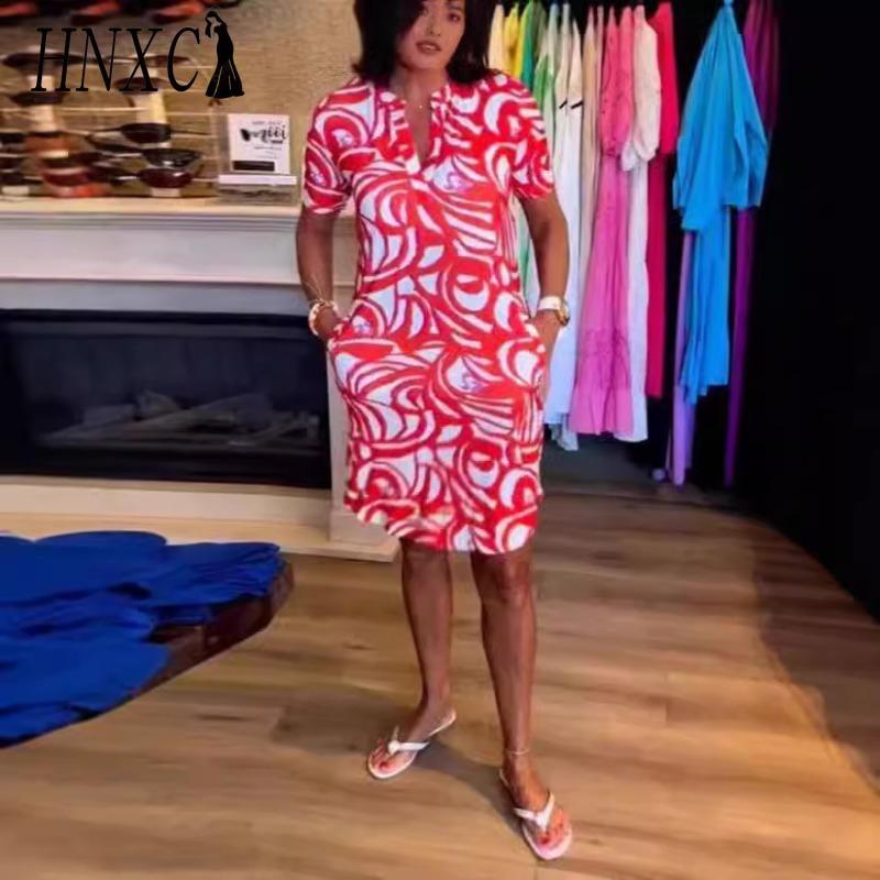 Abiti casual con scollo a V e maniche corte, estate e primavera, da donna HNXC