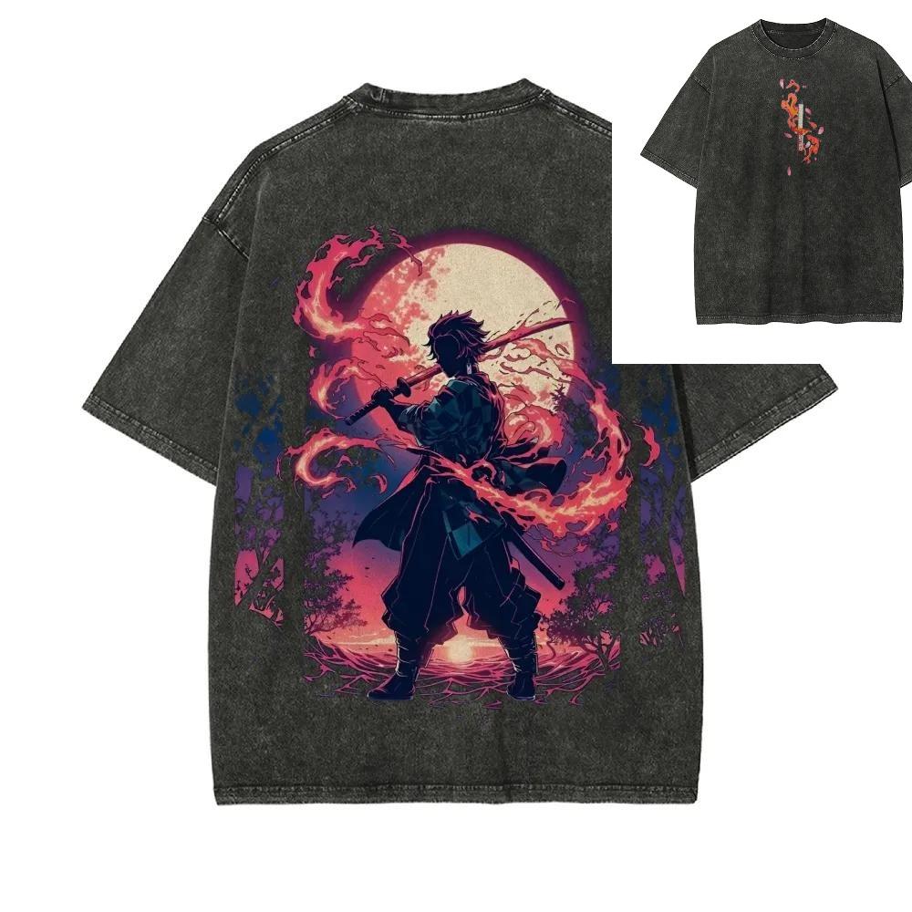

Футболка с принтом Demon Slayer, с коротким рукавом, повседневная, летняя одежда, мужская уличная одежда, мужская футболка, стирка и состаренный вид, удобная S