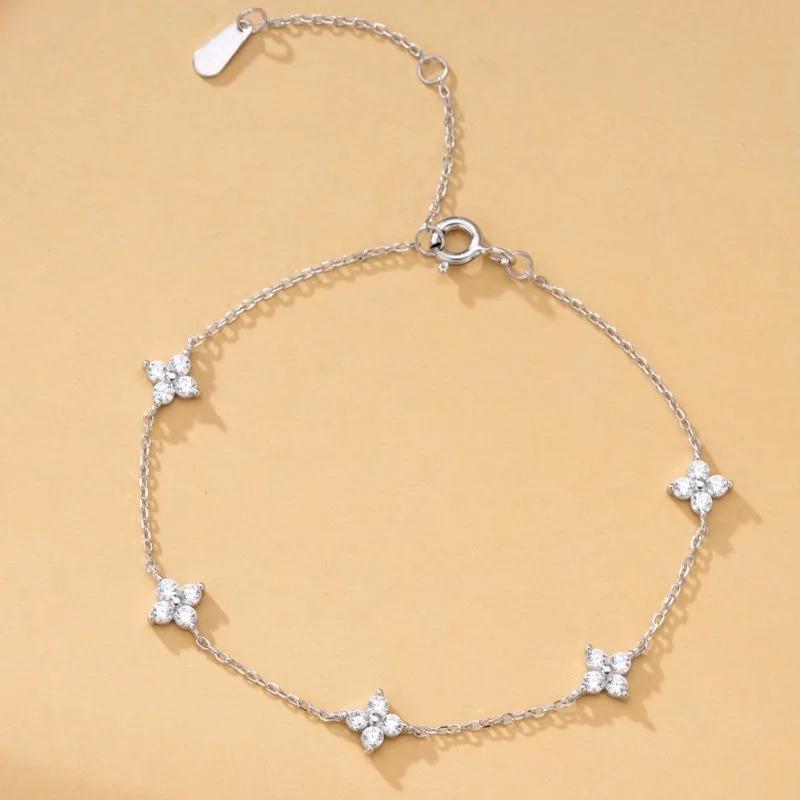 925 Silver Plated Cubic Zirconia Four Leaf Clover Bracelet for Women Adjustable Chain Jewelry Gold Plated Fashion Accessory