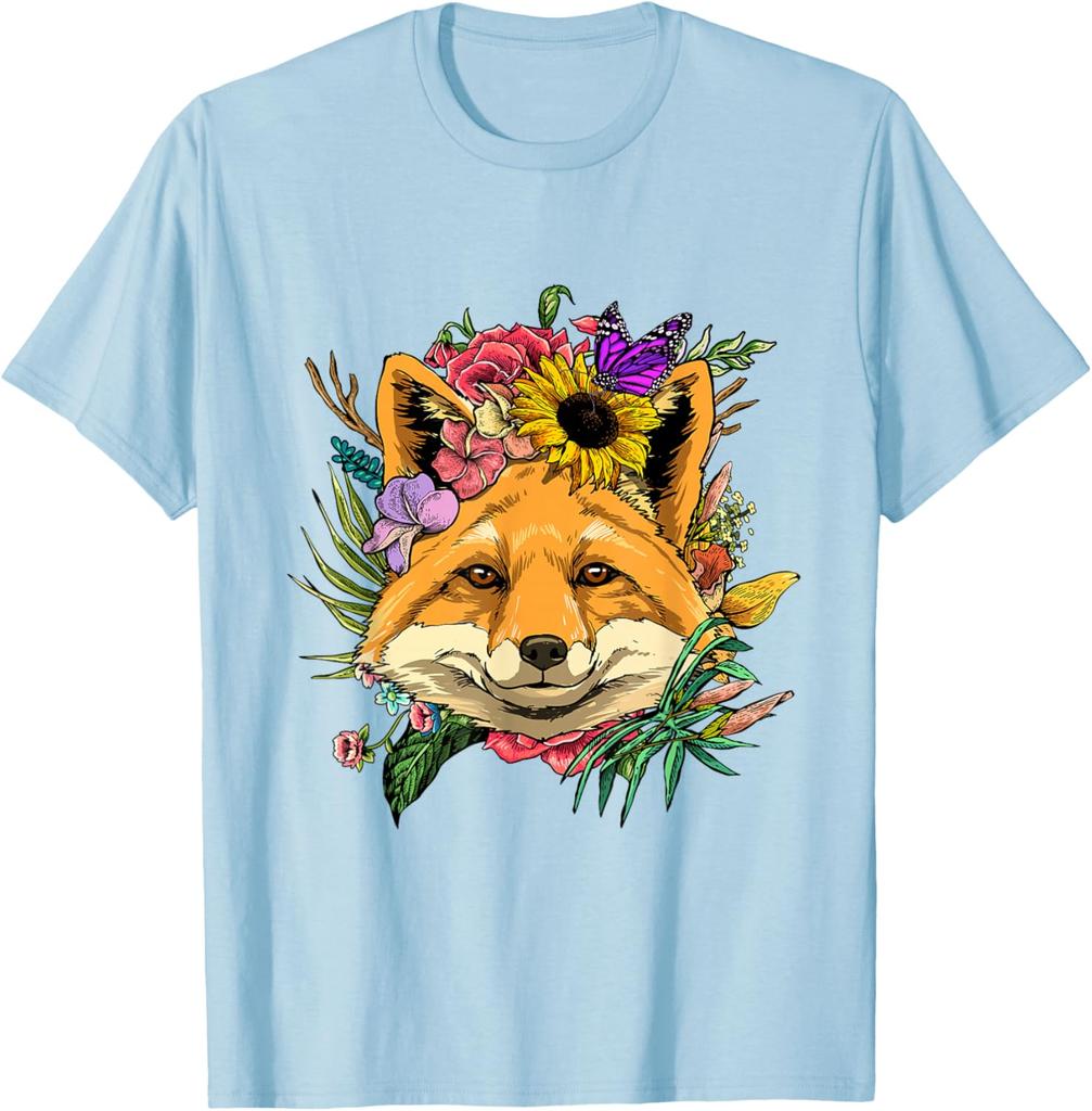 Floraler Fuchs Kopf Cottagecore Ästhetik T-Shirt Niedliches Tierliebhaber Grafik T-Shirt Frühling Herbst