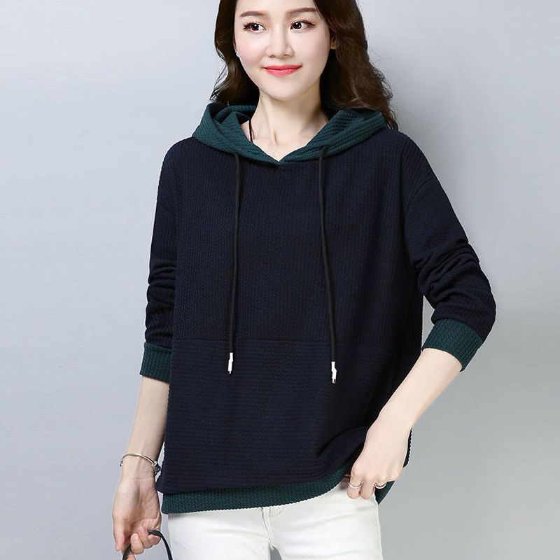 Autumn Fake Two Pieces Hoodies Women Loose Casual All-match Hooded Sweatshirt Ladies Patchwork Pullover Top