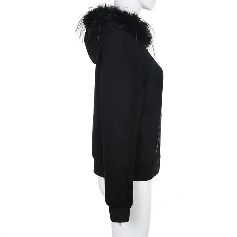 Goth Dark Faux Fur Collar Hooded Cardigans, Zip Up Hoodies, Gothic Grunge Pockets, Black Jackets, Female Y2k Streetwear