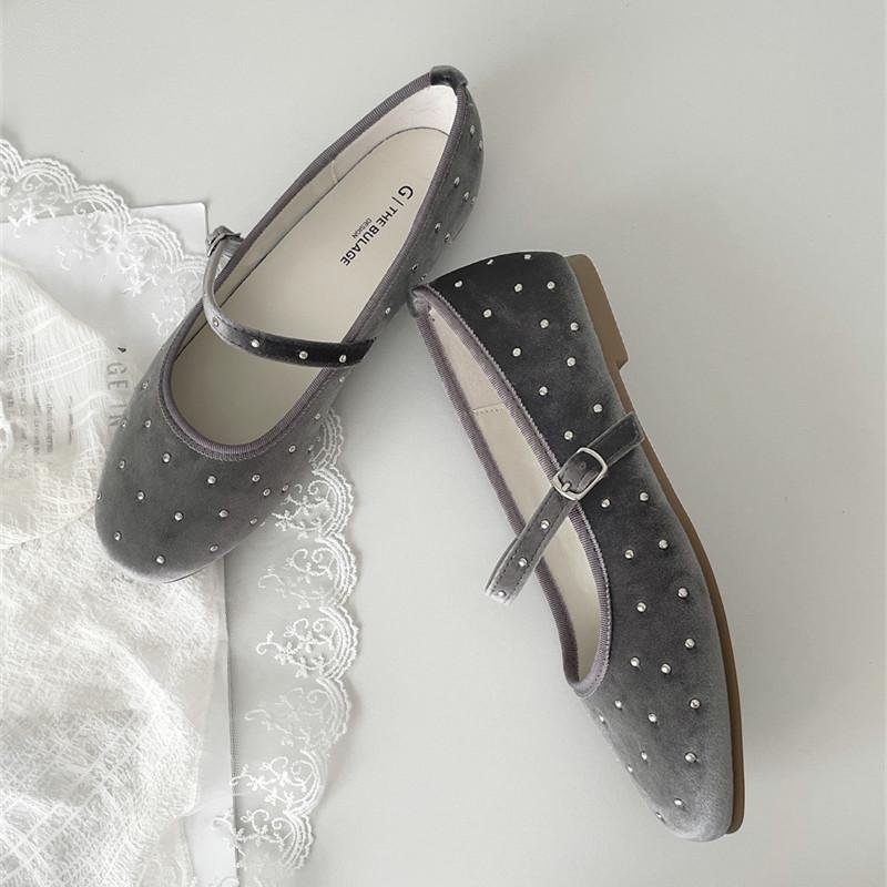 IPPEUM Women Ballet Flats Suede Round Toe Ballerinas Shoes Mujer Buckle Straps Mary Janes Shoes