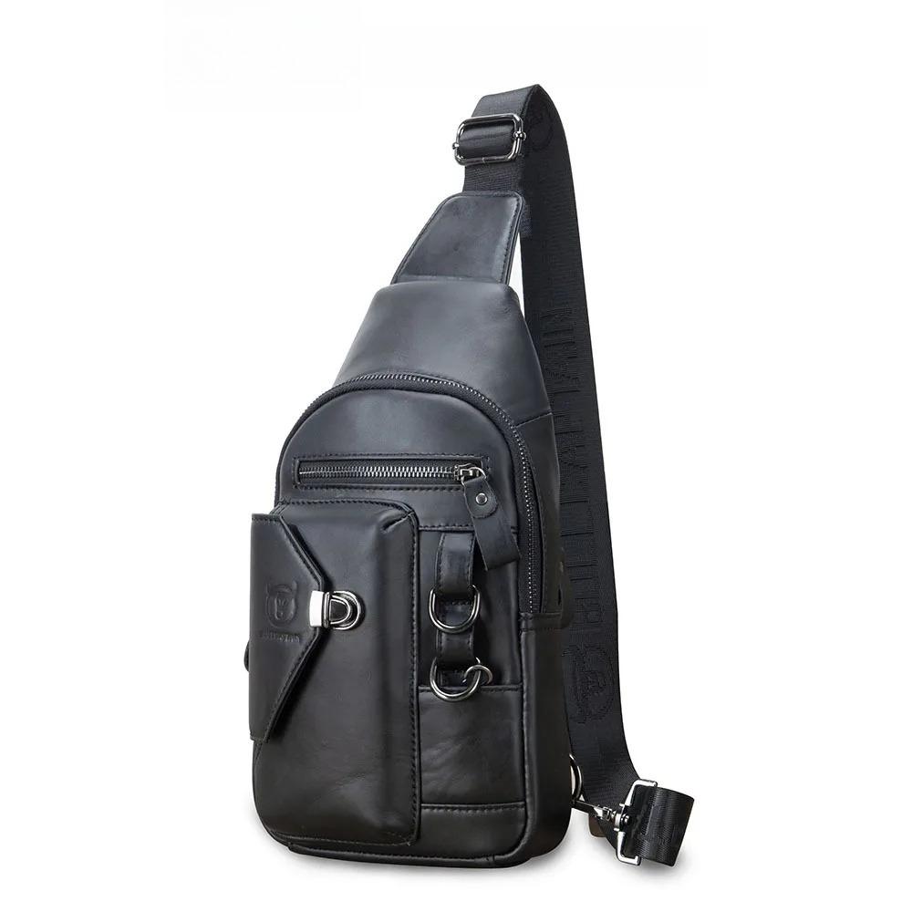 

BULLCAPTAIN Men s Genuine Leather Chest Bag Vintage Crossbody Sling Backpack with Phone Holder for Travel Hiking Cycling чёрный