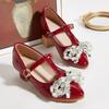 2025 Winter Crystal Flower Bow High Heels for Girls - Pointed Toe Leather Shoes for Small and Medium Children