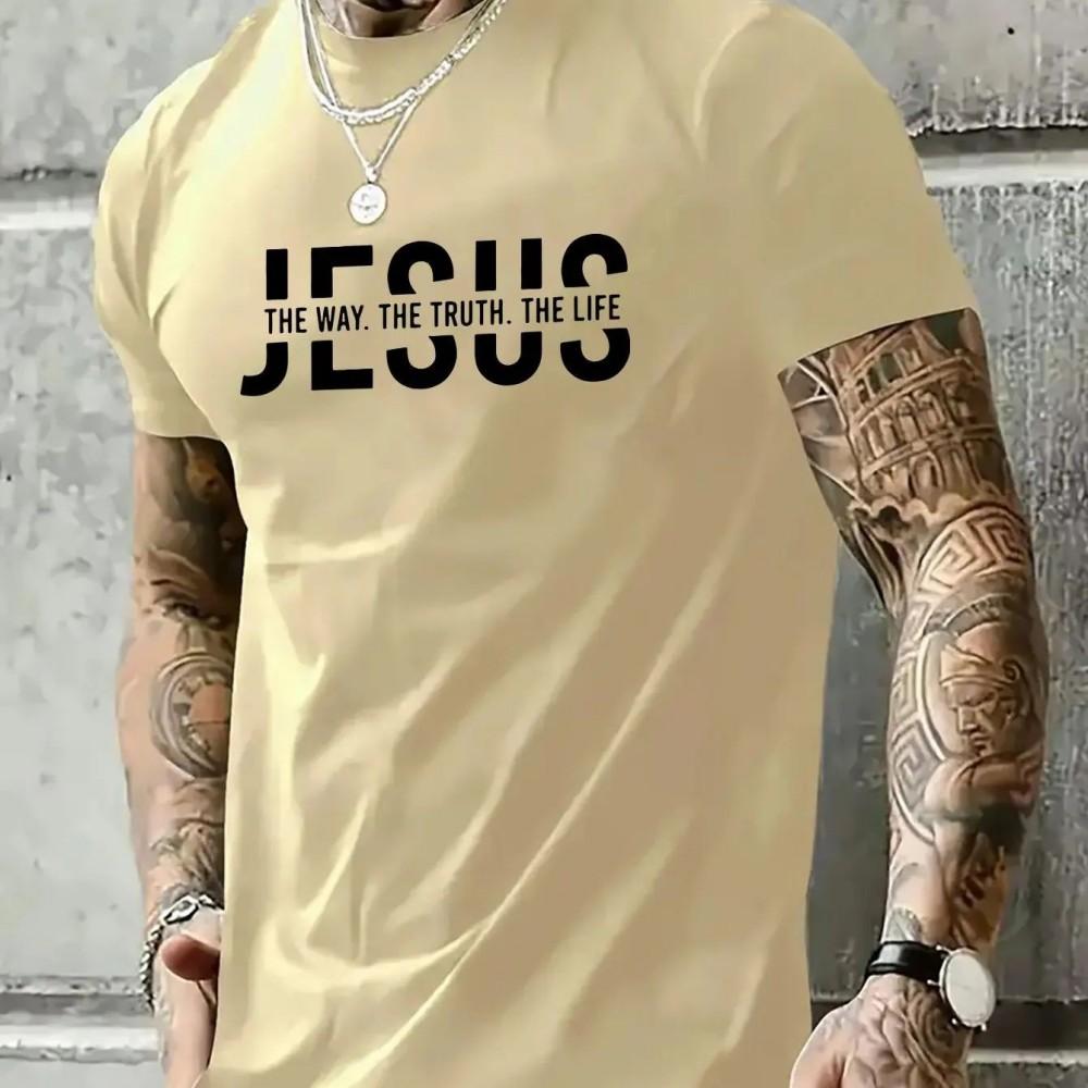 Zomer Casual Losse Polyester T-shirt voor Mannen met Ronde Hals, Letterprint van 'De Weg, de Waarheid, het Leven van Jezus' S