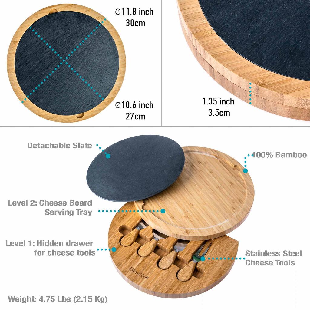 Bamboo Cheese Board Set - 30cm Swiveling Charcuterie Board with Removable Slate - Anniversary Birthday Housewarming Gift