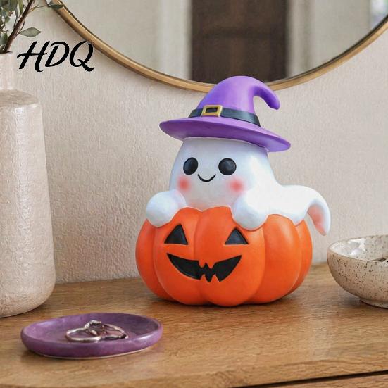 Holiday Home Accents Halloween Ghost Figurine, Cute Spooky on Pumpkin Decoration, Resin Small Ornament for Garden Tabletop with Witch Hat Desk