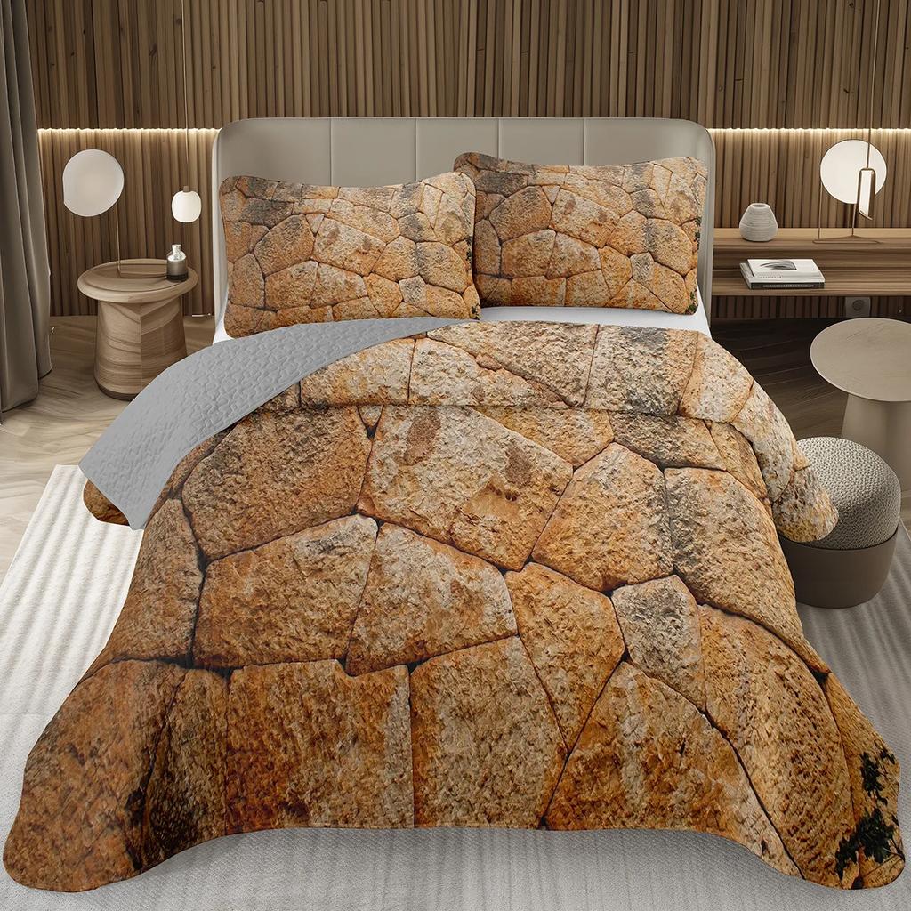 Pebble Quilt Set 3D Stone Gravel Queen Twin Bedspread Set - Garden Cobble Print Coverlet Sets Modern Artwork Quilted Bedding