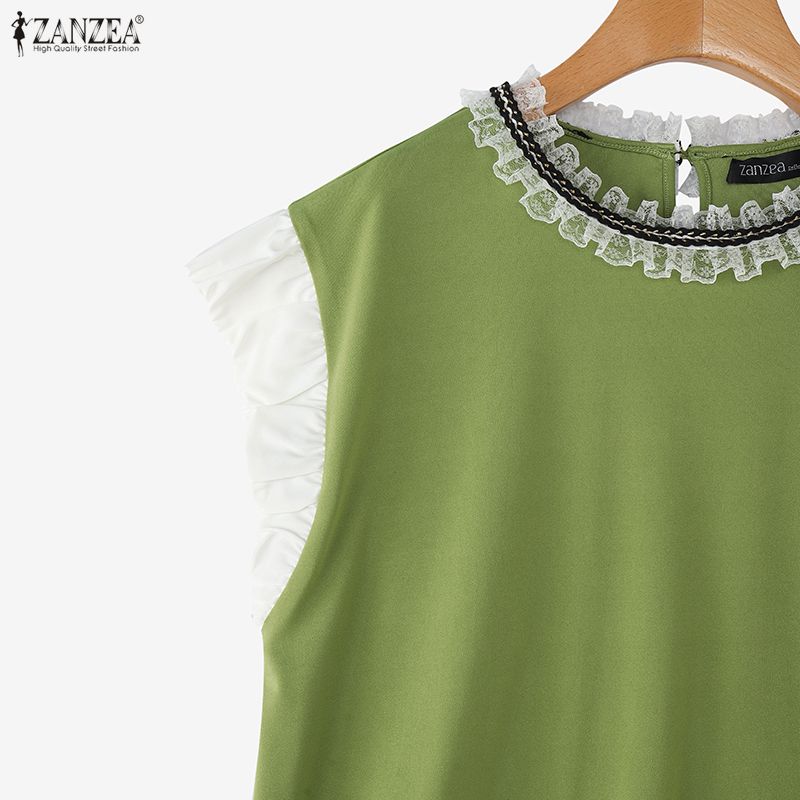 ZANZEA Damen Freizeit Rundhals Sommer Spitze Patchwork Ärmelloses T-Shirt