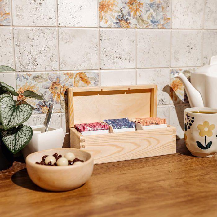 Boîte Rangement Thé en Bois Naturel Creative Deco 3 Compartiments Diviseurs Amovibles 22 x 9 x 7,5 cm