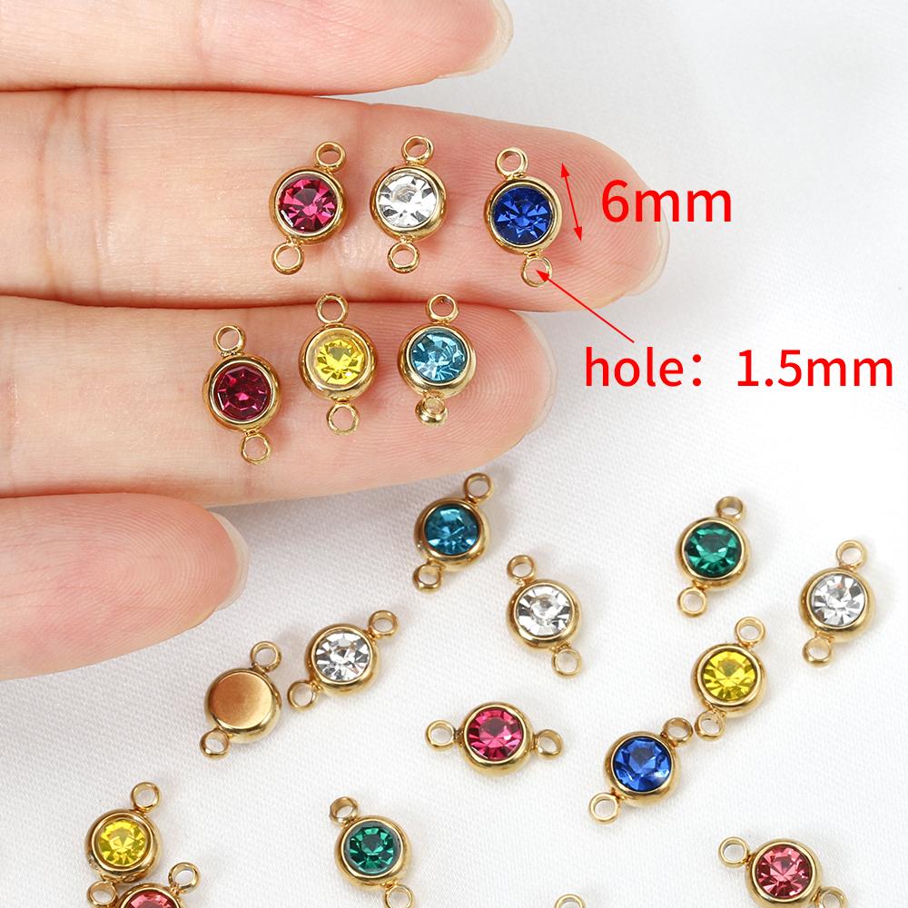 10pcs 6mm Stainless Steel Crystal Rhinestone Beads Gold Color Birthstones Charms Pendants for Bracelet Jewelry Making Crafts DIY