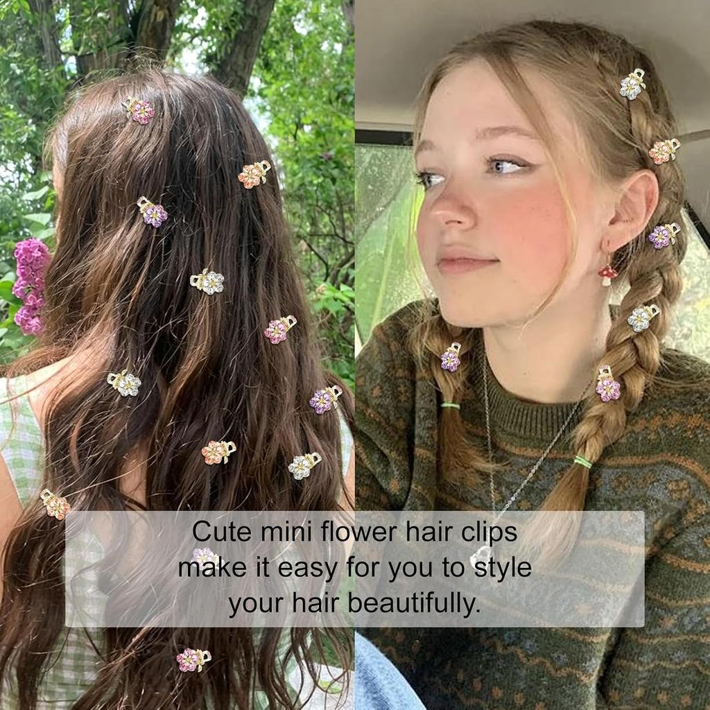 12Pcs Small Flower Hair Clips Wiht Rhinestones, Decorative Metal Claw Clips for Thick To Thin Hair, Cute Hair Accessories for Women Girls (Colorful)