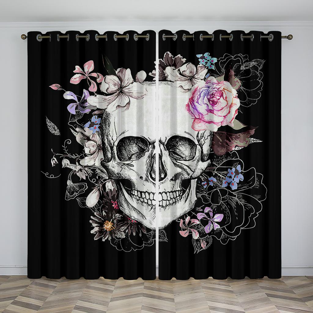 Personality 3D Print Black Mystery Skull Rose Curtains 2 Panel Living Room Bedroom Balcony Study Decorative Curtains