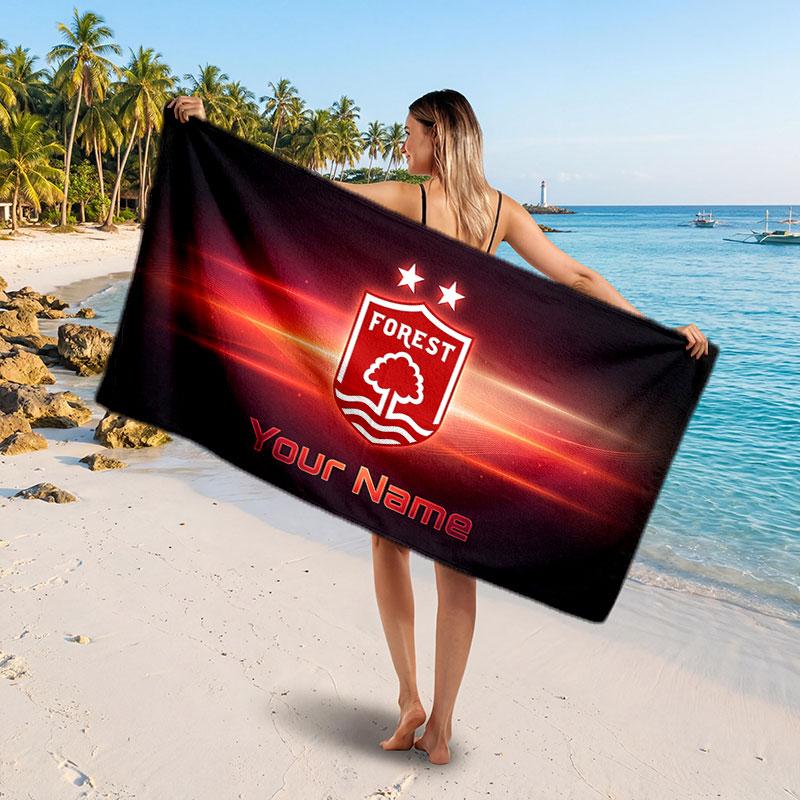 Nottingham Forest Custom Beach Towel, Personalized Name Text Print, Football Logo Soft Quick‑Dry Towel Holiday Gift