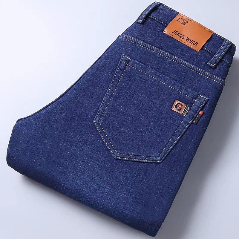 Autumn and Winter Fleece Thickened Jeans Loose Straight Pants Versatile Business Elastic Thermal Trousers