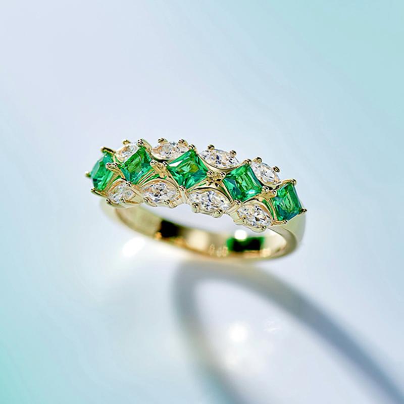 Huitan Luxury Princess Green Cubic Zirconia Rings for Women Gold Color Temperament Female Finger-rings Wedding Trendy Jewelry