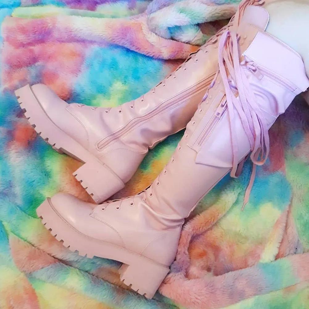 Knehøye støvletter Dame Kule Goth Glidelåsdesign Lomme Snøring Kraftig hæl Sko av høy kvalitet Dame Mote Popualr Stor størrelse 35-43