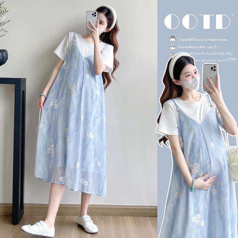 Summer Maternity Korean Style Cotton T-shirt with Chiffon Embroidery Two-Piece Dress