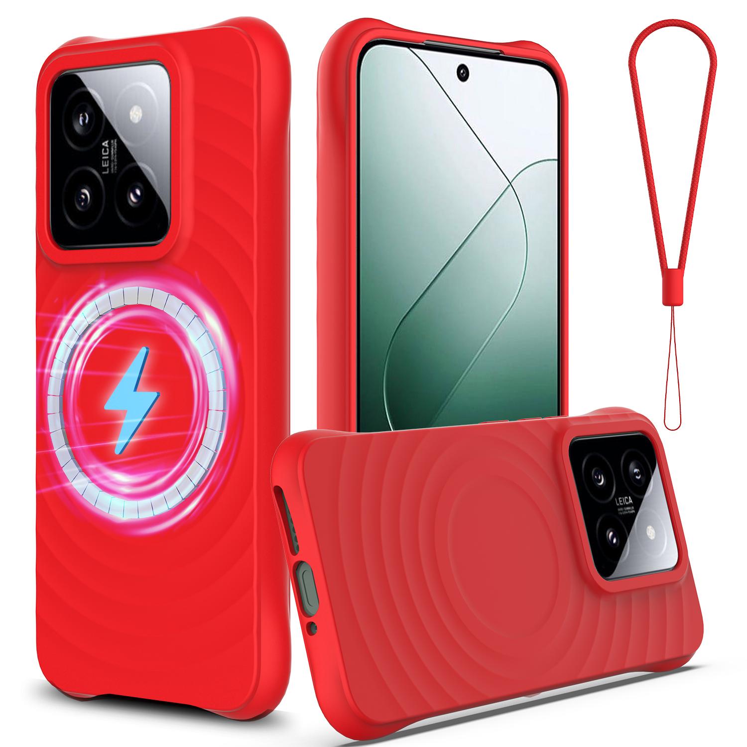 

For Xiaomi 14 Case Compatible with MagSafe Ripple Texture Liquid Silicone Protective Cover with Strap Red