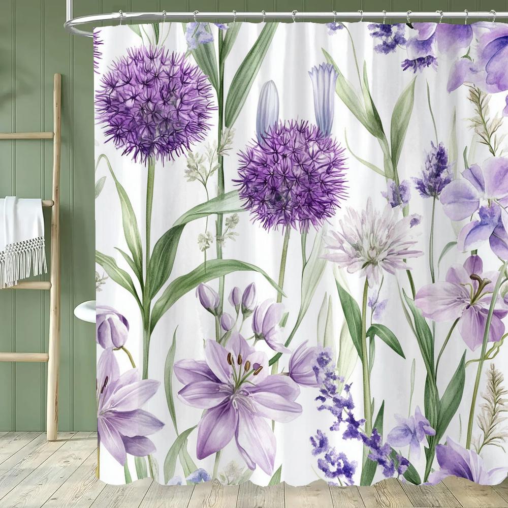1pc Plant Purple Floral Shower Curtain, Bathroom Decorative Shower Curtain, Printed Polyester Fabric Shower Curtain with Hooks